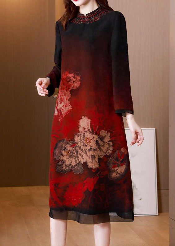 Stylish Red Stand Collar Print Silk Long Dress Spring