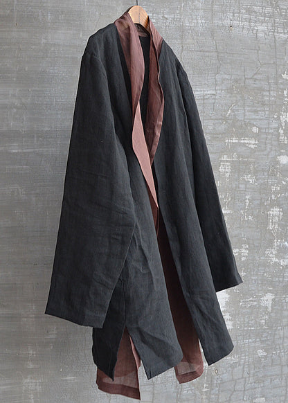 Handmade Black Patchwork Button Fake Two Pieces Linen Shirts Long Sleeve
