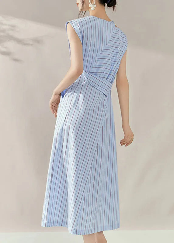 Fine Blue Striped Asymmetrical Side Open Long Dress Summer