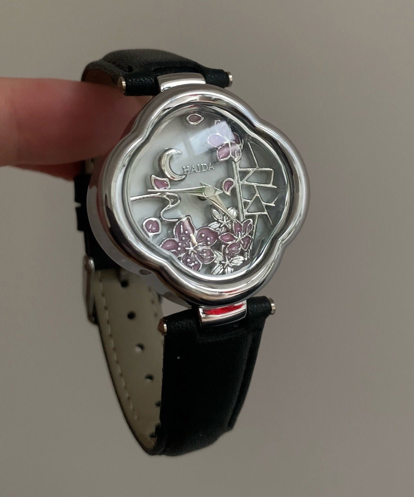 Black Metal Leather Hardlex Crystal Watches