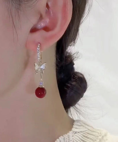 Red Alloy Zircon Pearl Shell Butterfly Drop Earrings