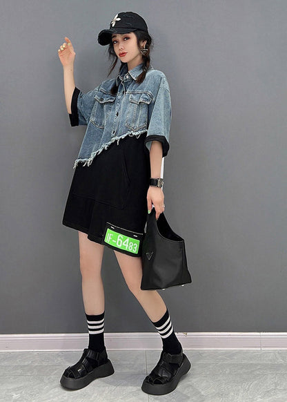 Diy Blue Peter Pan Collar Asymmetrical Denim Patchwork Button Pockets Dress Short Sleeve