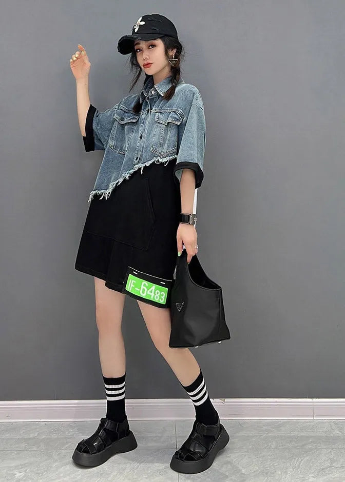 Diy Blue Peter Pan Collar Asymmetrical Denim Patchwork Button Pockets Dress Short Sleeve