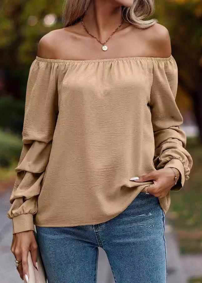 Loose Khaki Slash Neck Shirts Tops Spring