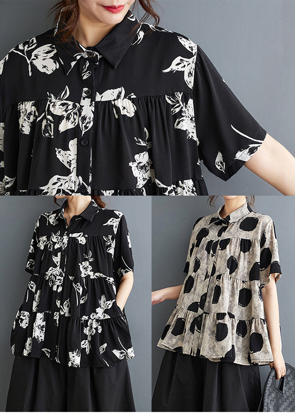 Black Print Cotton a Line Tops Oversized Summer
