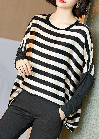 Black Striped O-neck Oversized Patchwork Silk Tops Batwing Sleeve