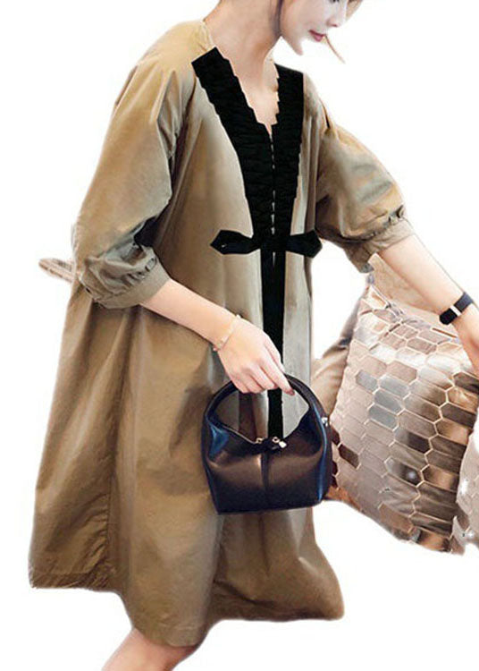 Khaki V Neck Bow Fall Half Sleeve Shirts Dress