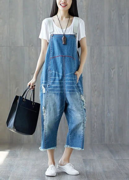 Blue Patchwork Pockets Jumpsuits Spring