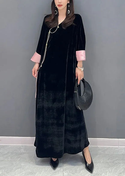 Black Lace Up Side Open Patchwork Velour Long Dress Fall