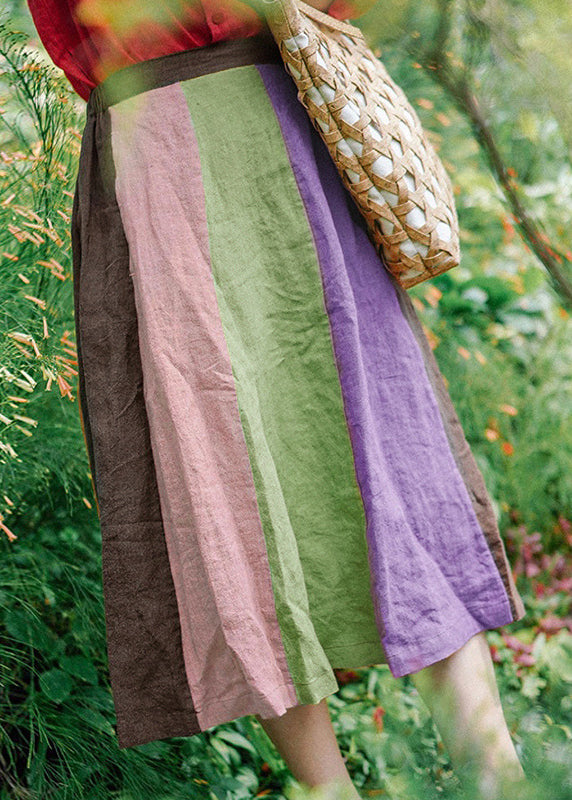 Orange Elastic Waist Patchwork Linen a Line Skirt Spring
