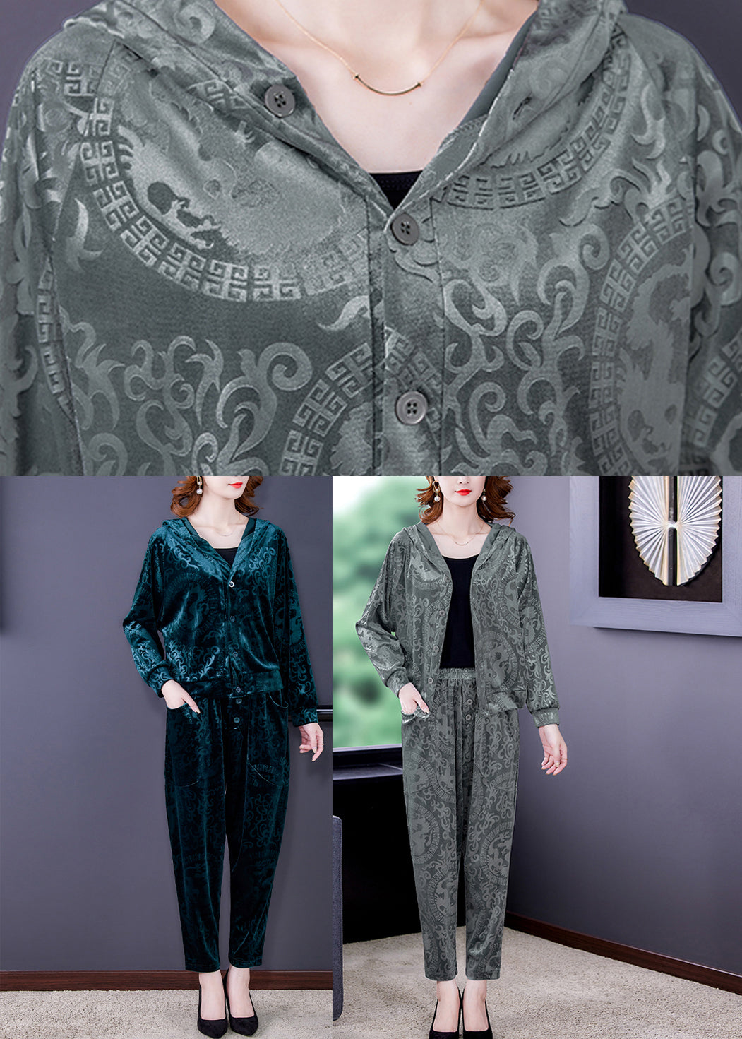 Green Zip Up Silk Velour Coats and Harem Pants Two Pieces Set Long Sleeve Spring