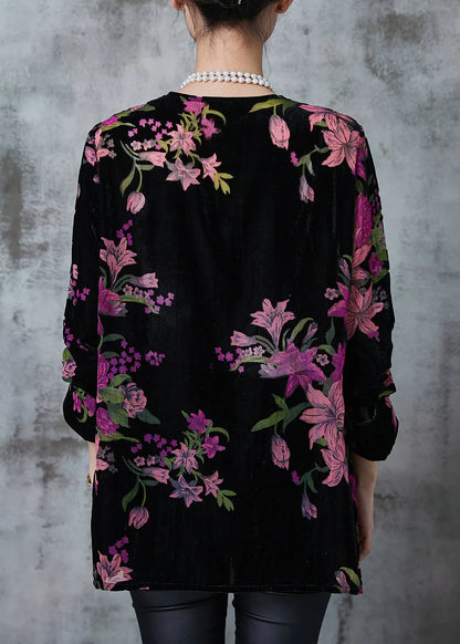 Black Print Chinese Button Silk Velour Shirt Fall