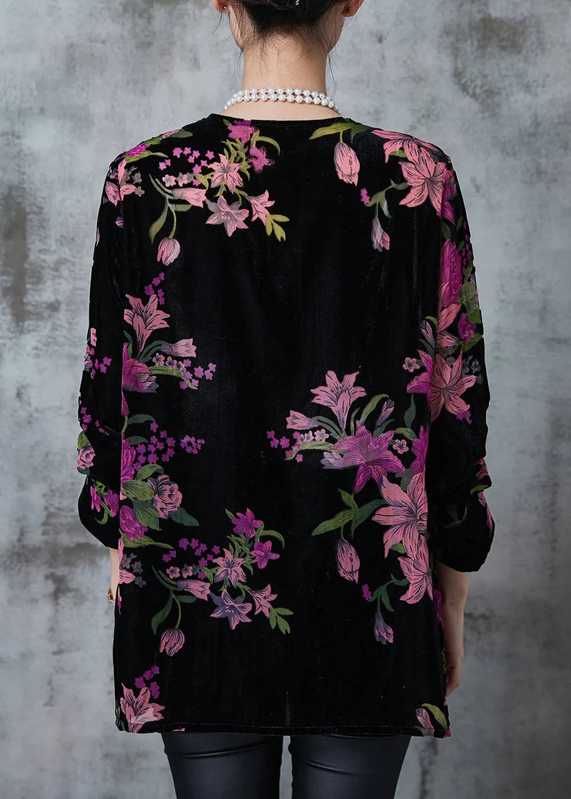Black Print Chinese Button Silk Velour Shirt Fall