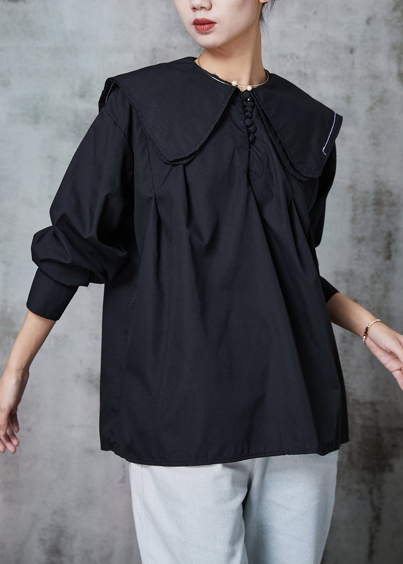 Black Cotton Blouses Double-layer Collar Spring
