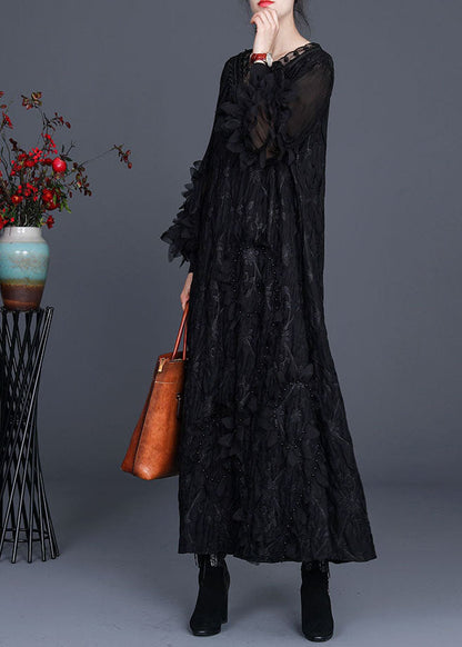 Black V Neck Wrinkled Nail Bead Fall Long Dresses