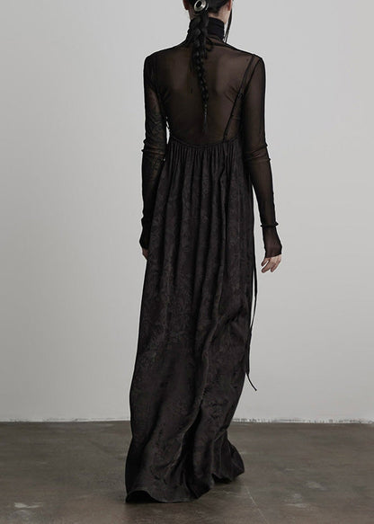 Unique Black Embroidered Lace Up Silk Spaghetti Strap Dress Fall