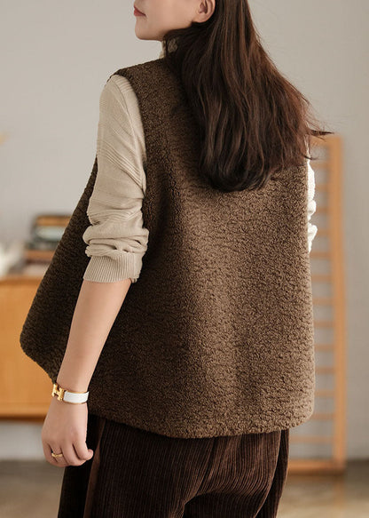Diy Chocolate Embroideried Asymmetrical Design Faux Fur Vest Sleeveless