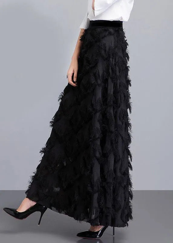 Black Tasseled Patchwork High Waist Chiffon Skirt Spring