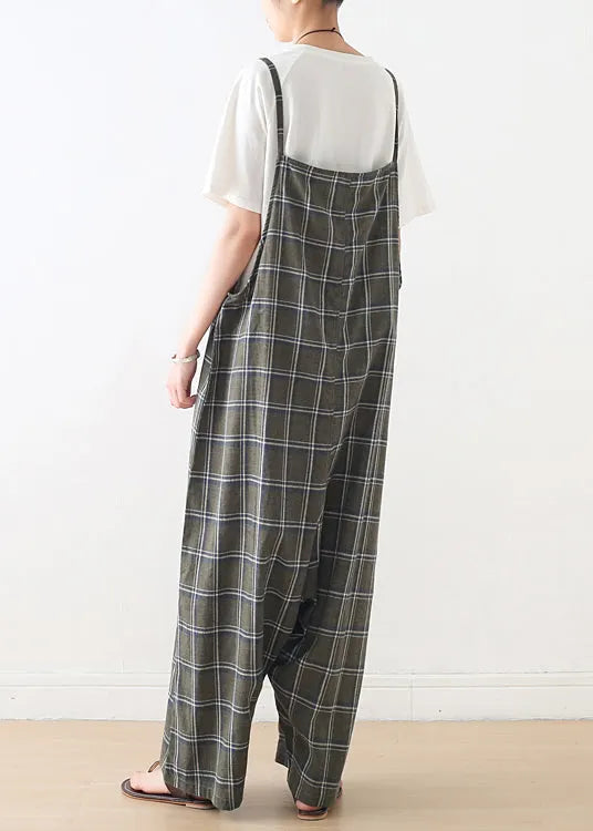 Baggy Green Plaid Cotton Spaghetti Strap Jumpsuit Summer