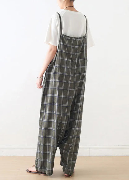 Baggy Green Plaid Cotton Spaghetti Strap Jumpsuit Summer