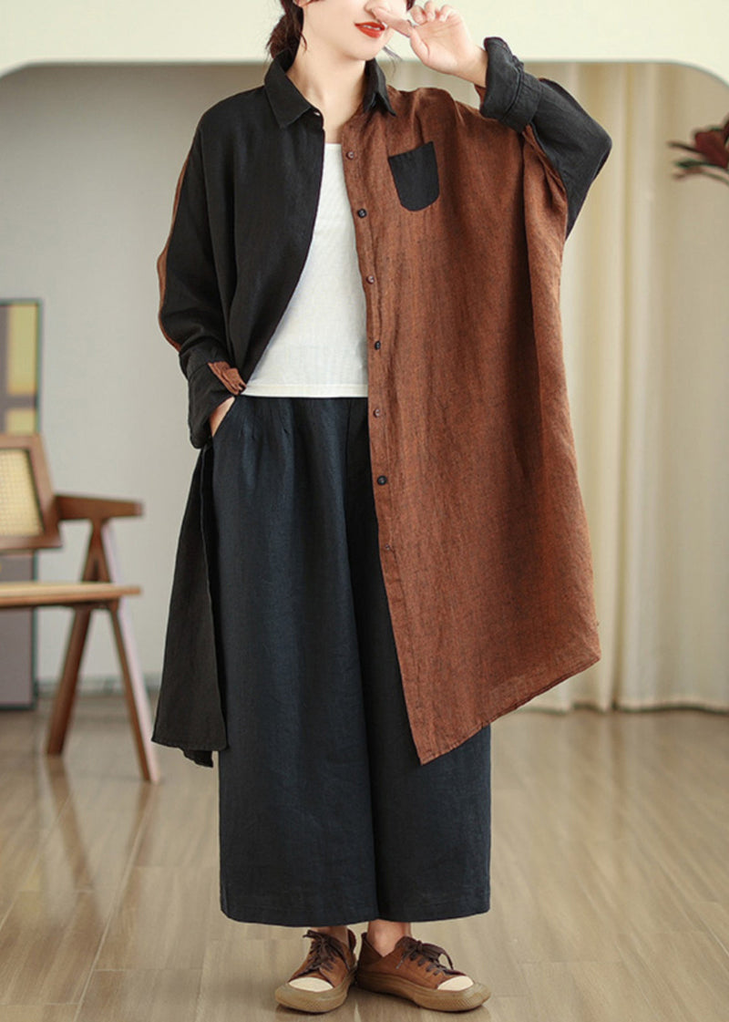 Stand Collar Patchwork Button Long Shirts Long Sleeve