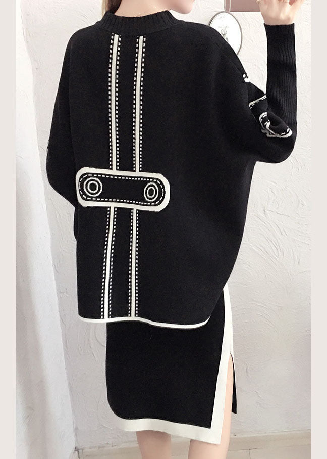 Black Tasseled Patchwork Knit Two Pieces Set Winter
