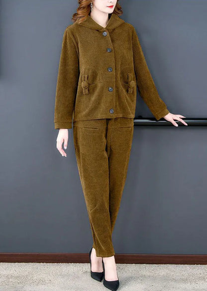 Boutique Yellow Hooded Pockets Corduroy Coats and Pants Two Pieces Set Long Sleeve