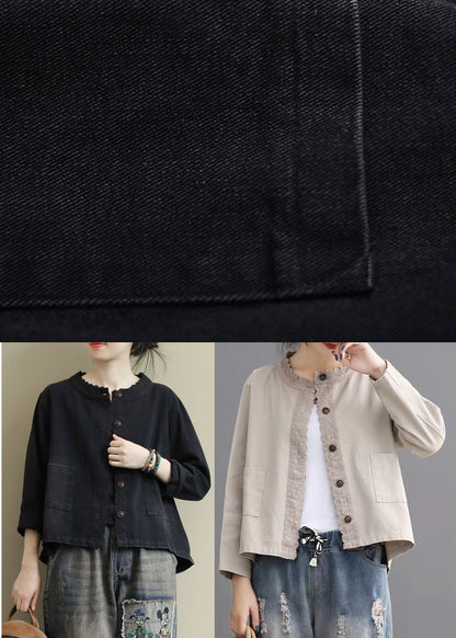 Loose Beige Retro Denim Pockets Coats Fall