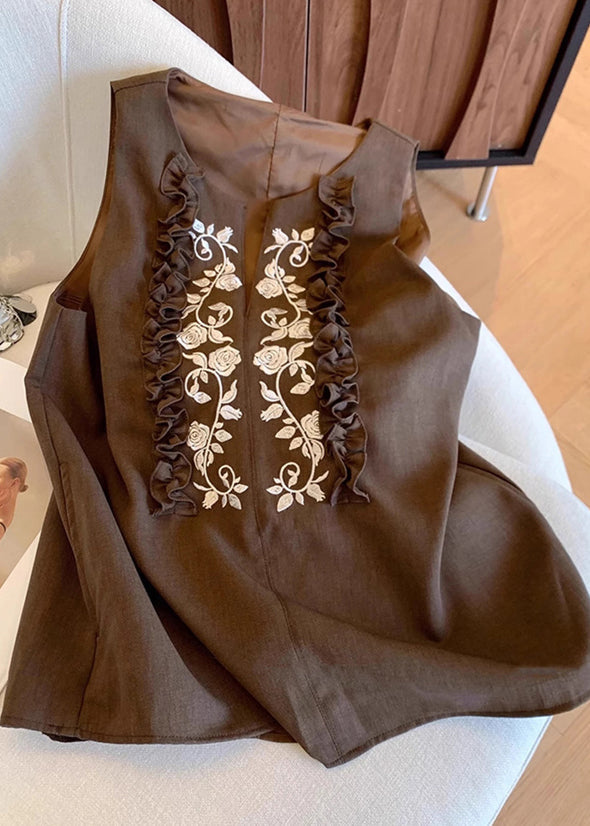 Chocolate Embroideried Ruffled Linen Vests Summer
