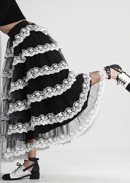Black Ruffled Patchwork Tulle Skirt Spring