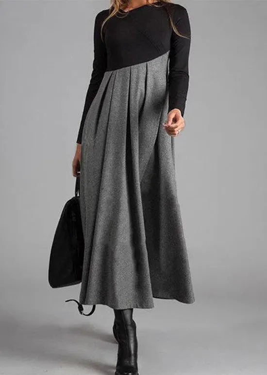 Grey Wrinkled Patchwork Woolen Long Dress Spring