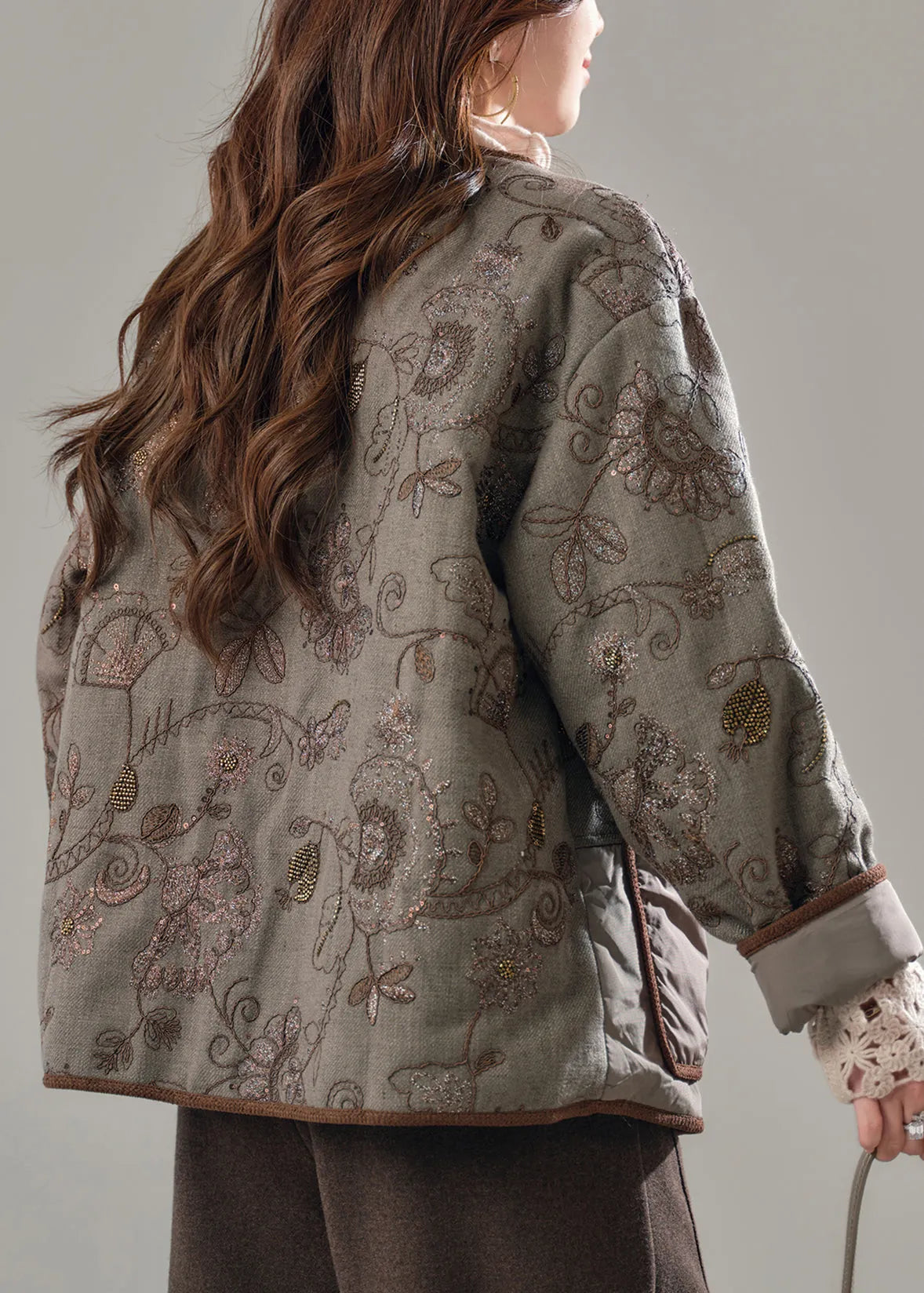 Fine Brown Embroidered Patchwork Pockets Fine Cotton Filled Jackets Winter