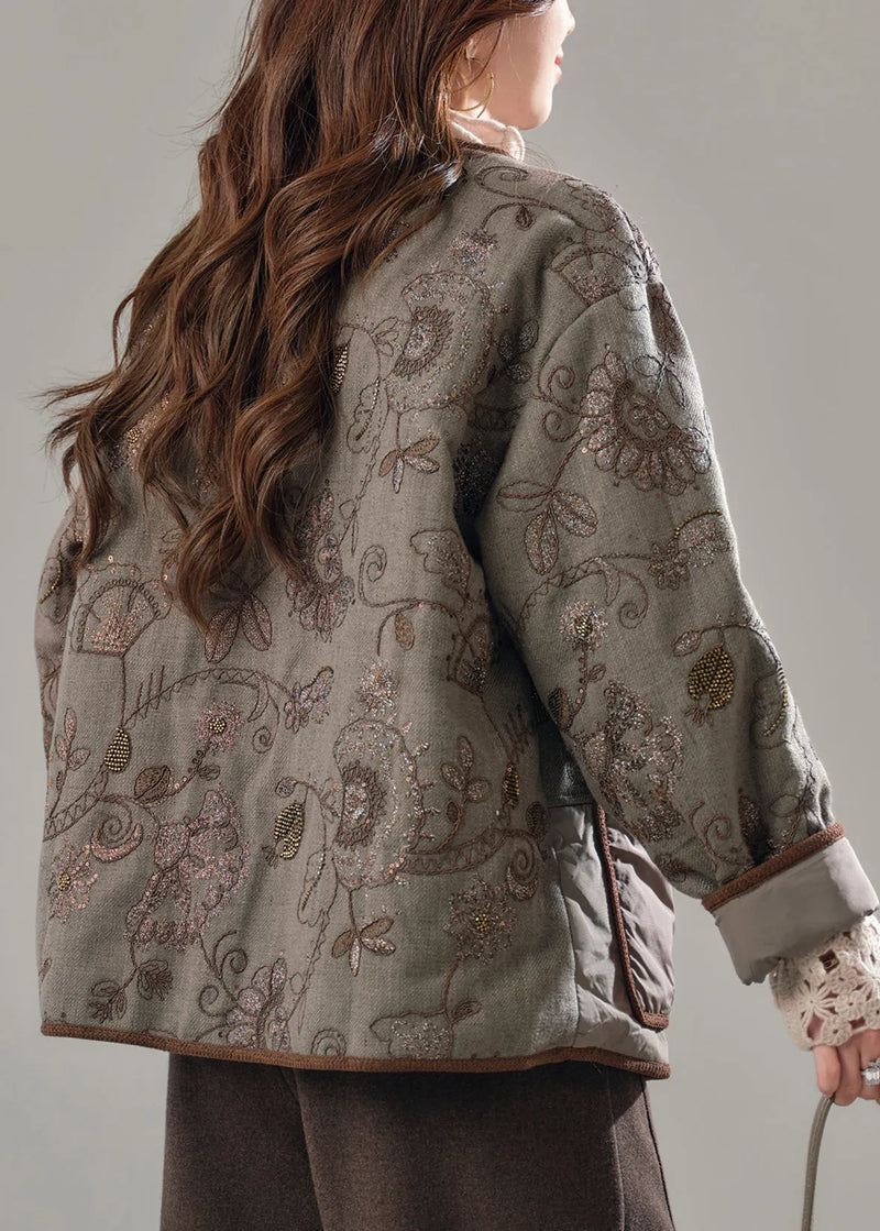 Fine Brown Embroidered Patchwork Pockets Fine Cotton Filled Jackets Winter