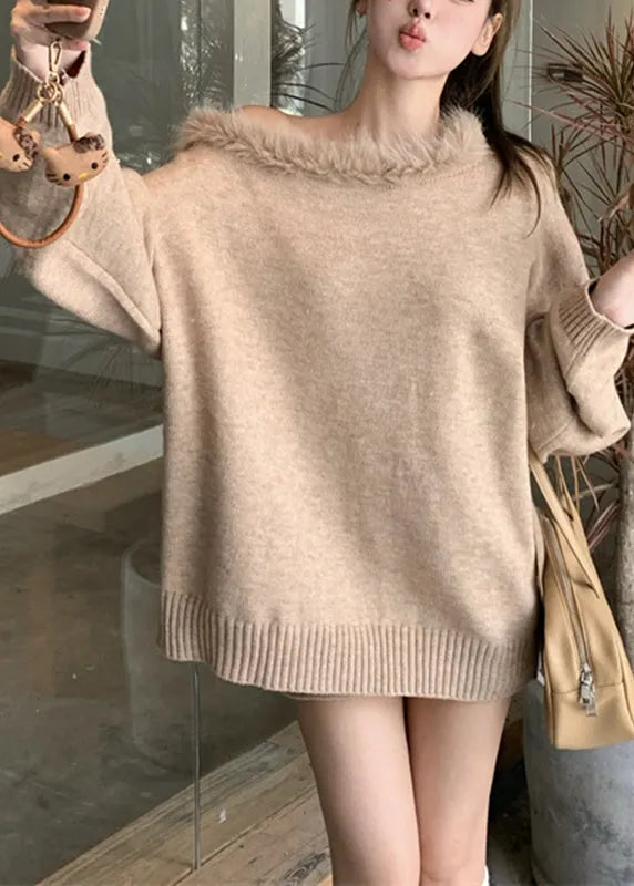 Khaki One Shoulder Cotton Knit Sweaters and Shorts Two Pieces Set Lantern Sleeve