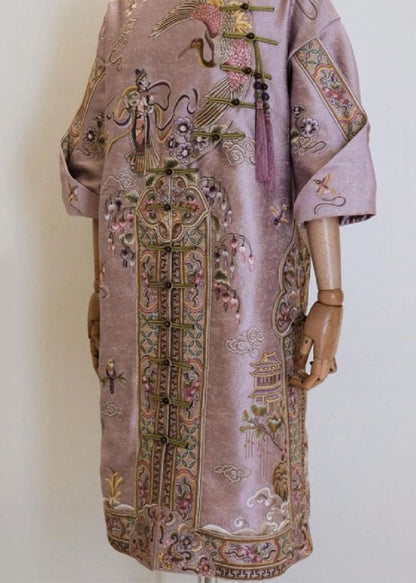 Pink Stand Collar Button Silk Cotton Maxi Dresses Fall