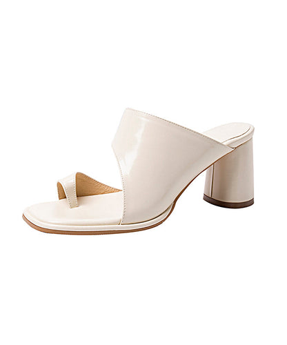 White Chunky Cowhide Leather Art Splicing Thong Sandals