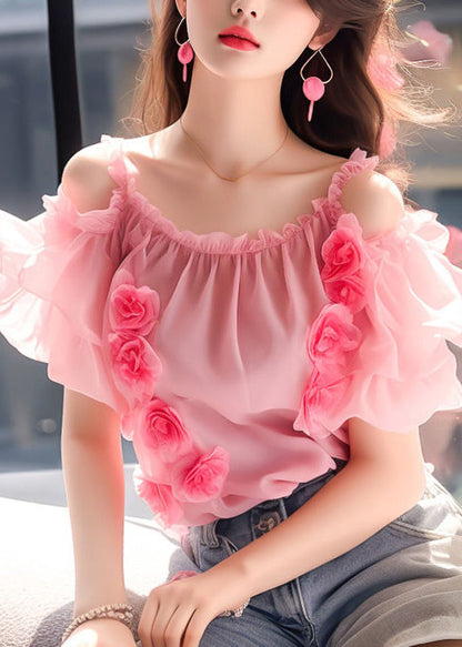 Pink Ruffled Wrinkled Chiffon Top Short Sleeve
