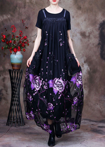 Black Embroideried Pockets Lace Two Pieces Set Summer