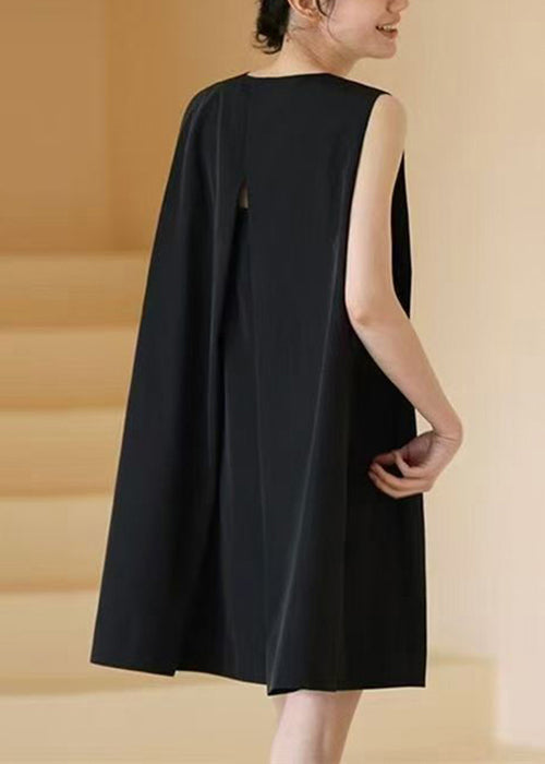 Simple Black O Neck Pockets Cotton Mid Dress Sleeveless