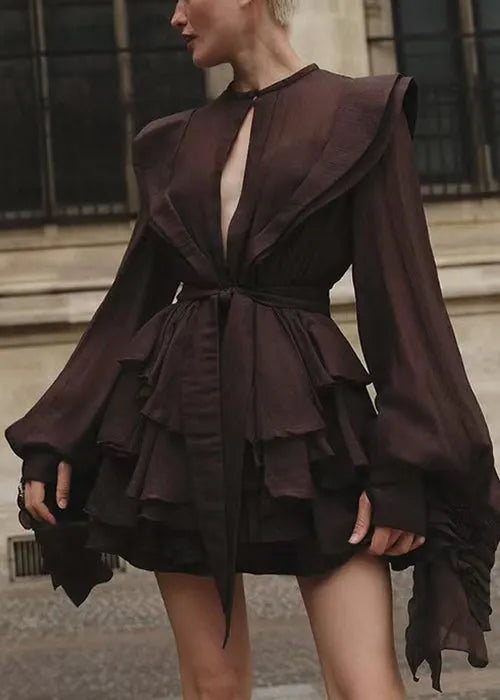 Chocolate Lace Up Cotton Shirt Dress Fall