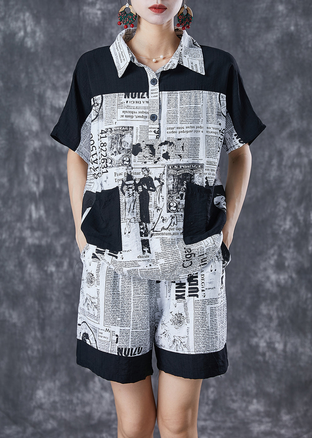 Diy Colorblock Oversized Patchwork Journal Print Cotton Two Piece Set Summer