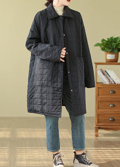 Black Pockets Button Patchwork Fine Cotton Filled Coat Winter