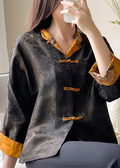 Stand Collar Print Button Side Open Silk Coat Long Sleeve