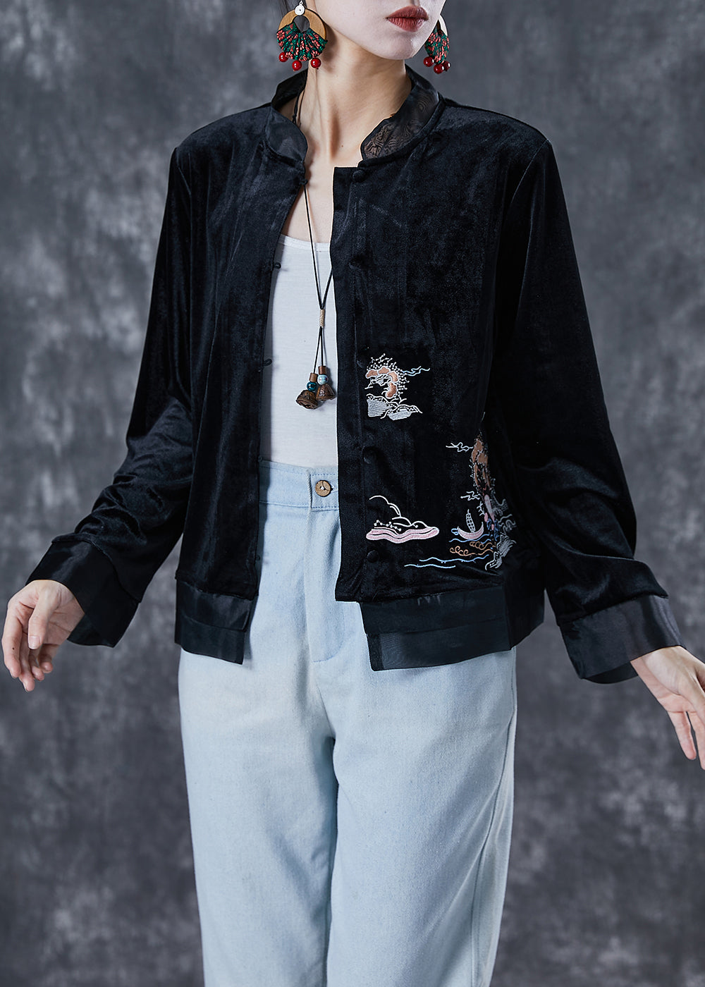 Art Black Embroideried Patchwork Silk Velour Jacket Fall