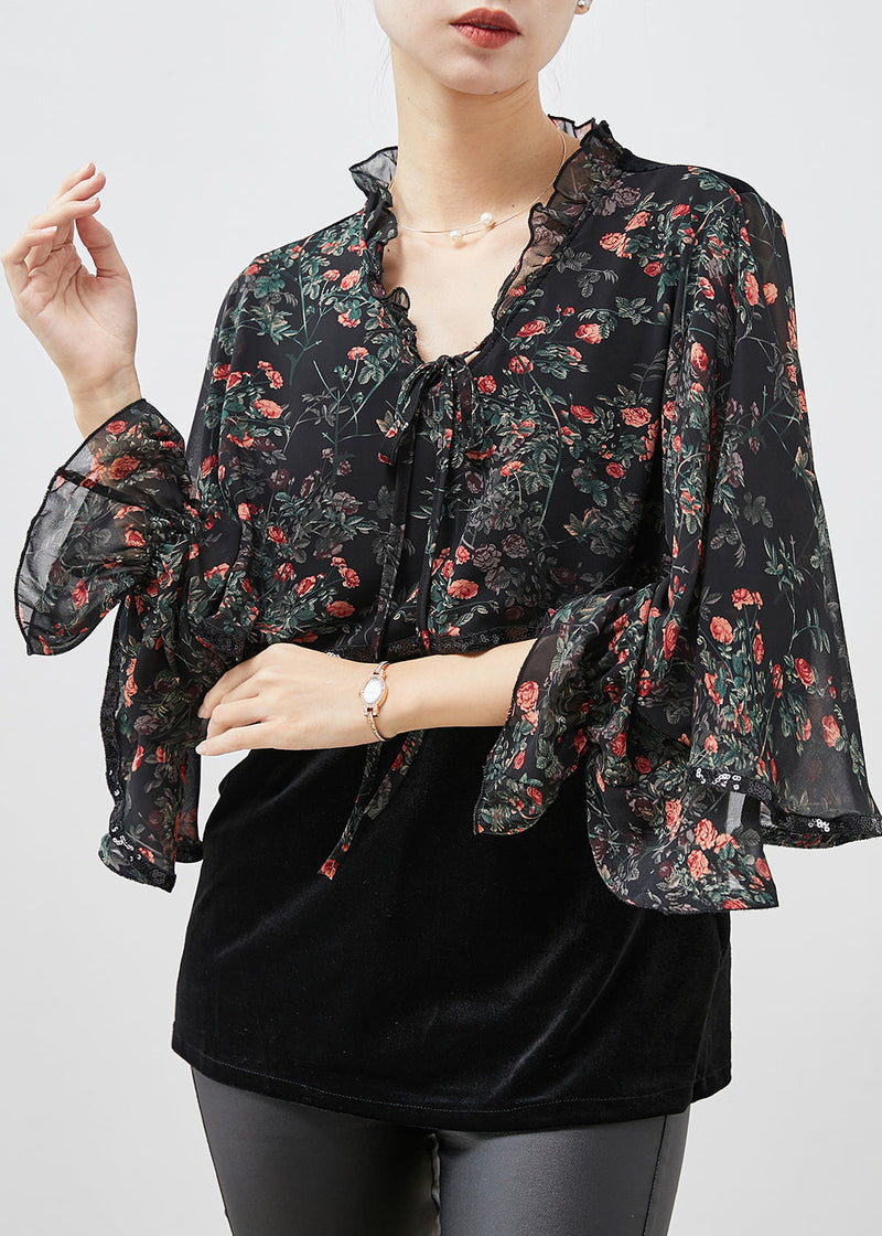 Black Print Ruffled Patchwork Velour Chiffon Shirt Spring