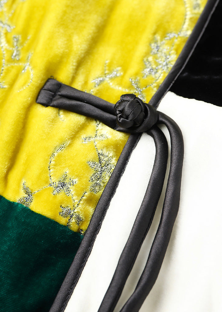 Colorblock O Neck Button Patchwork Silk Velour Parka Winter