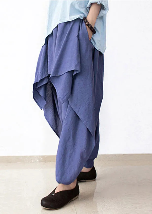 Diy Blue Asymmetrical Design Pockets Linen Pants Skirt Fall