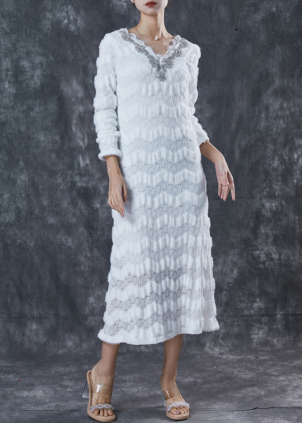 White V Neck Silm Fit Cotton Dress Spring