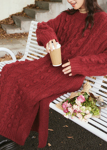 Handmade Green O-neck Side Open Cozy Cotton Knit Cable Sweater Dress Long Sleeve