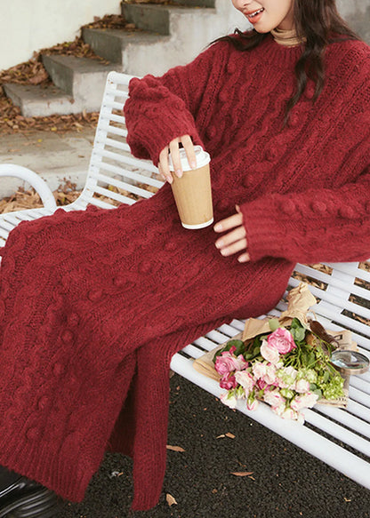 Handmade Green O-neck Side Open Cozy Cotton Knit Cable Sweater Dress Long Sleeve